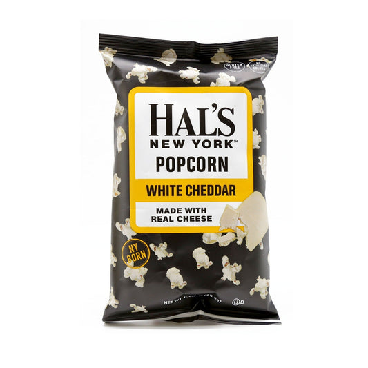 White cheddar popcorn in a 2oz bag by Hal's, featuring crispy chips with cheesy flavor from Pasteur Pharmacy.
