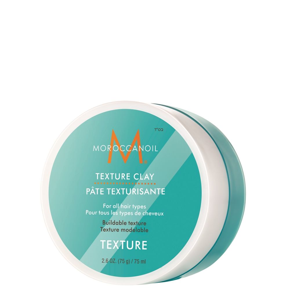 Moroccanoil Texture Clay in 2.6 oz container, natural hair styling clay with matte finish, shown in a jar with a textured surface.