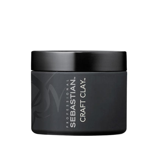 Sebastian Professional Craft Clay Matte Texturizer 50g in a black jar with a screw-on lid, showing the product label and clay texture.