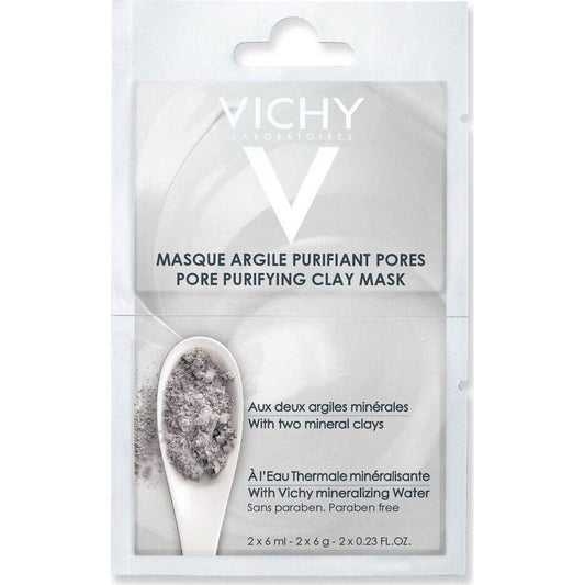 Vichy Pore Purifying Clay Mask in two 6ml tubes, designed to clarify and detoxify skin with natural clay ingredients.