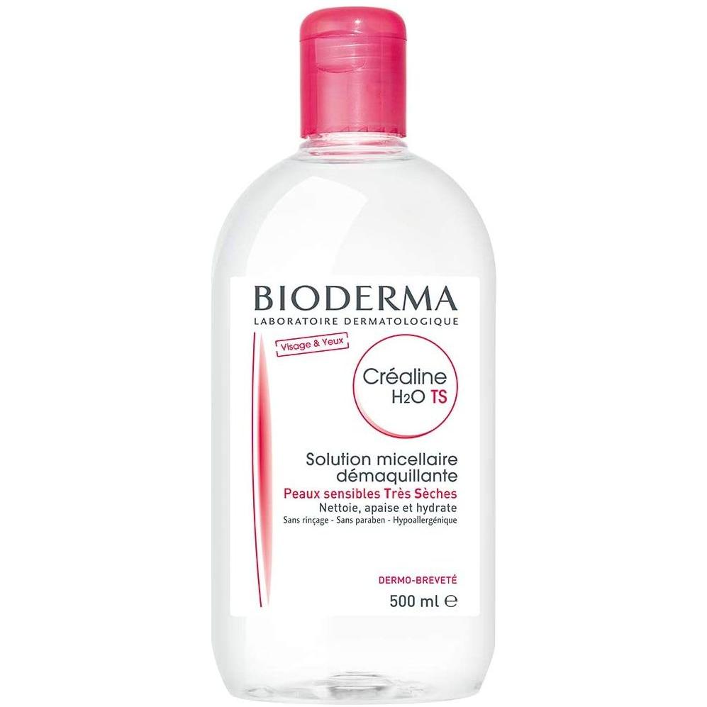 Bioderma Crealine H2O TS cleanser in a 500ml bottle, gentle makeup remover and skin cleanser with clear liquid formula.
