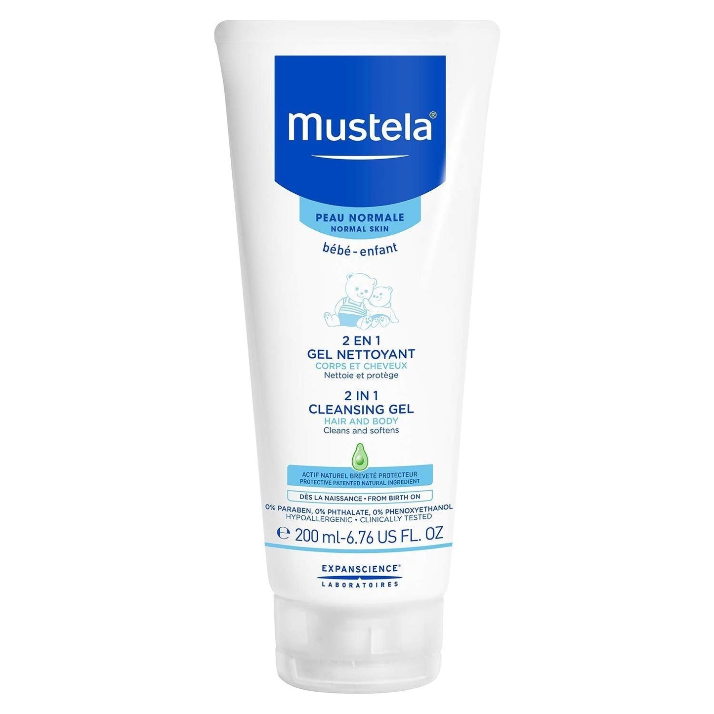 Mustela 2-in-1 Cleansing Gel in a 6.76 oz bottle, natural skin cleanser with gentle, foaming formula for babies and sensitive skin.