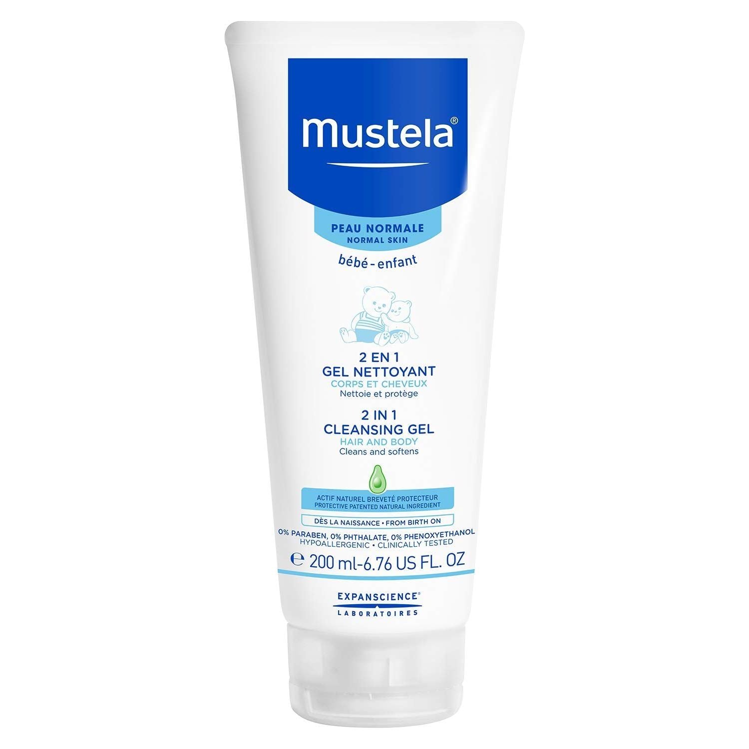 Mustela 2-in-1 Cleansing Gel in a 6.76 oz bottle, natural skin cleanser with gentle, foaming formula for babies and sensitive skin.