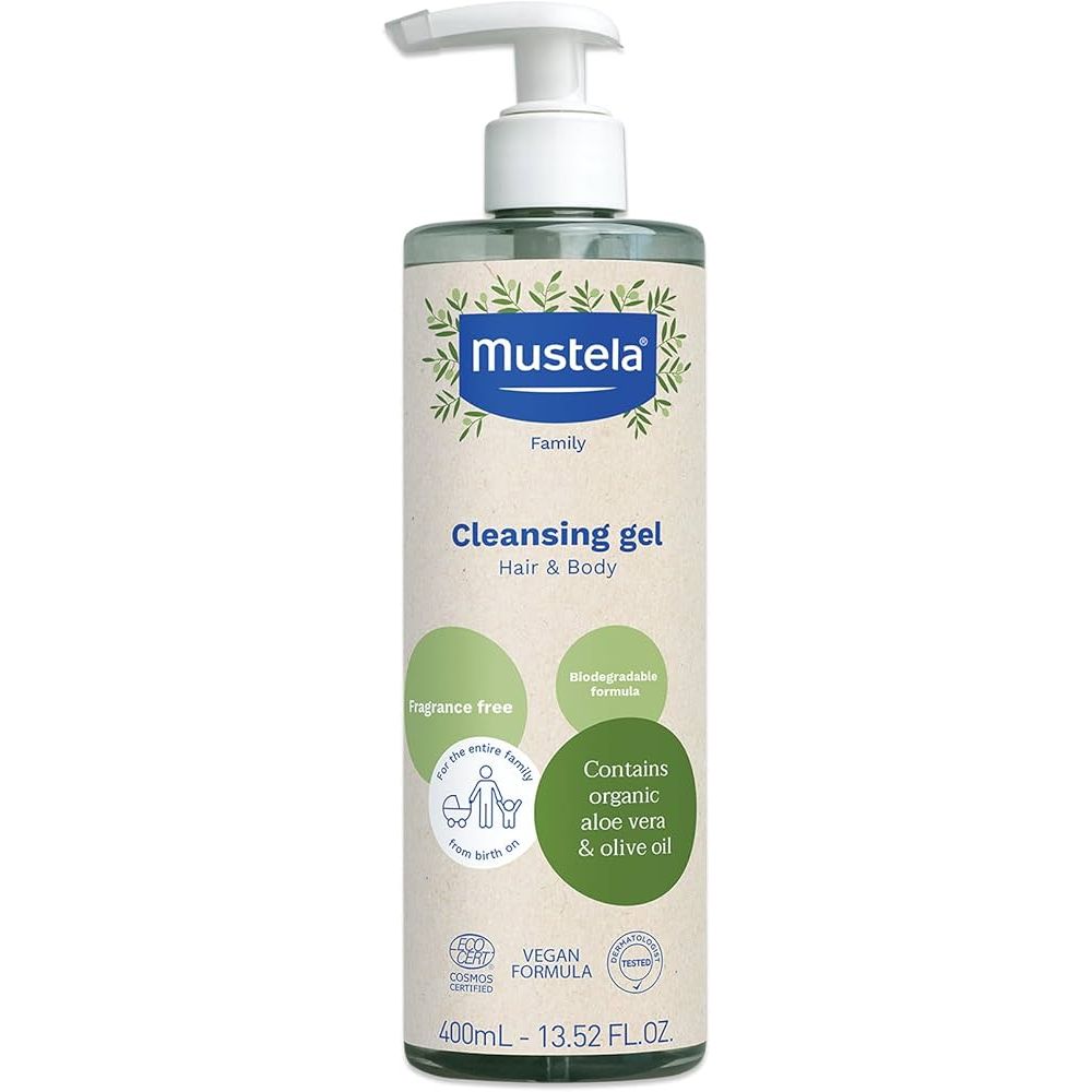 Mustela fragrance-free cleansing gel in a 10.14 fl oz bottle, gentle skincare product with clear gel texture.