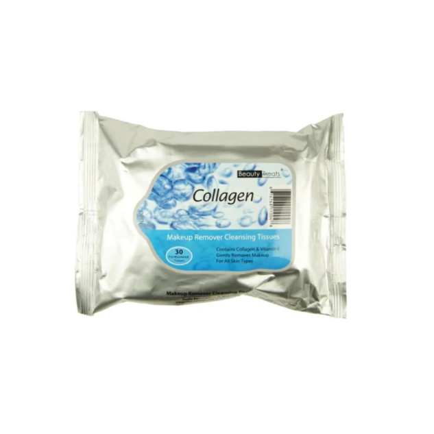 Beauty Treats Collagen Makeup Remover Cleansing Tissues from Pasteur Pharmacy, 30-count pack, soft and gentle for effective makeup removal.