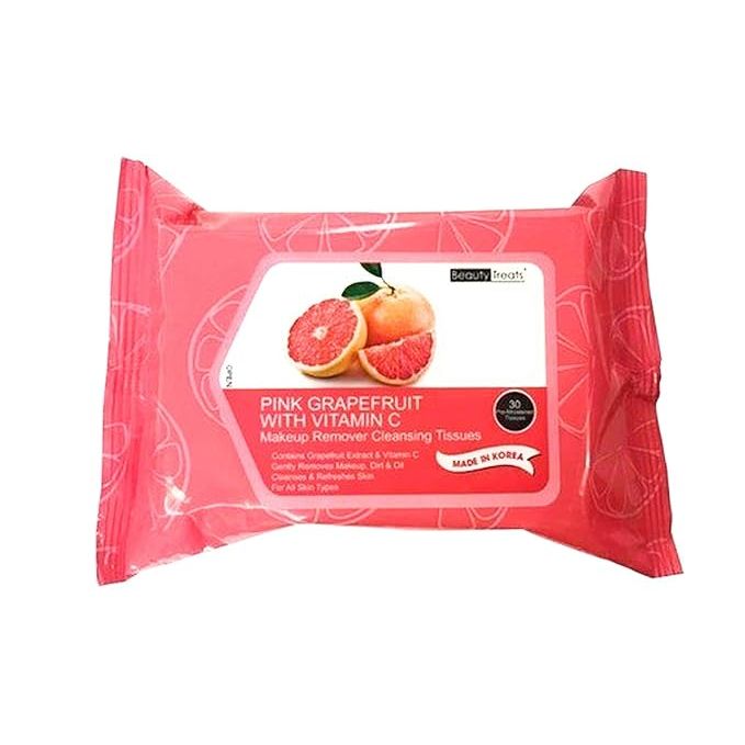 Beauty Treats Pink Grapefruit Vitamin C Makeup Remover Cleansing Tissues by Pasteur Pharmacy, 30-count package, fresh citrus scent