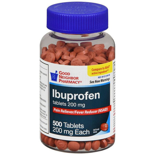 Gnp Ibuprofen 200mg tablets in a clear bottle, 500 count, from Pasteur Pharmacy, displayed inside a clear kerosene bottle.