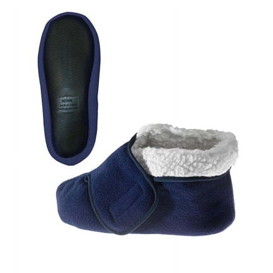 Careismatic Brands men's and women's navy fleece diabetic bootie slippers, extra wide, soft interior, designed for seniors, 2XL size.