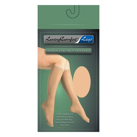 Loving Comfort sheer knee-high stockings for women with closed toe, 20-30mmHg compression, in black, medium size.