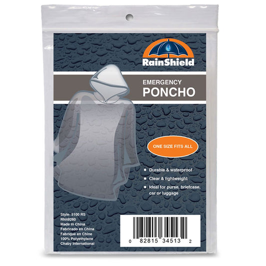 Clear Chaby International emergency rain poncho by Pasteur Pharmacy, lightweight, waterproof, one size fits all, suitable for outdoor use.