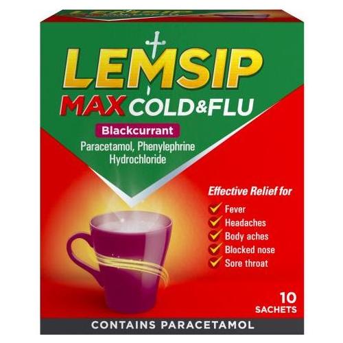 Lemsip Max Cold & Flu Blackcurrant medicine 10-pack, Pasteur Pharmacy cold and flu relief capsules in blackcurrant flavor.