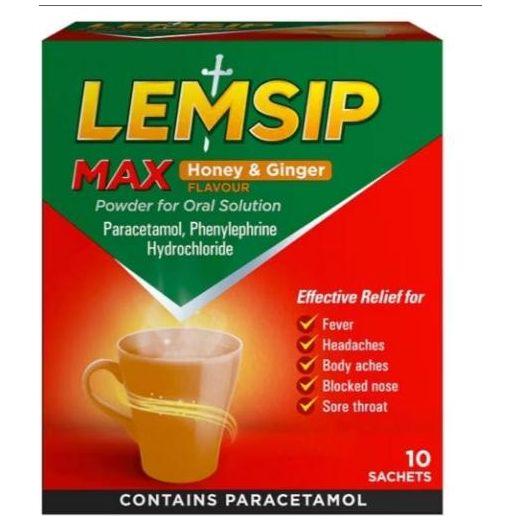 Lemsip Max Honey & Ginger cold and flu medicine 10-pack, pasteur pharmacy product with lemon-flavored sachets for relief.
