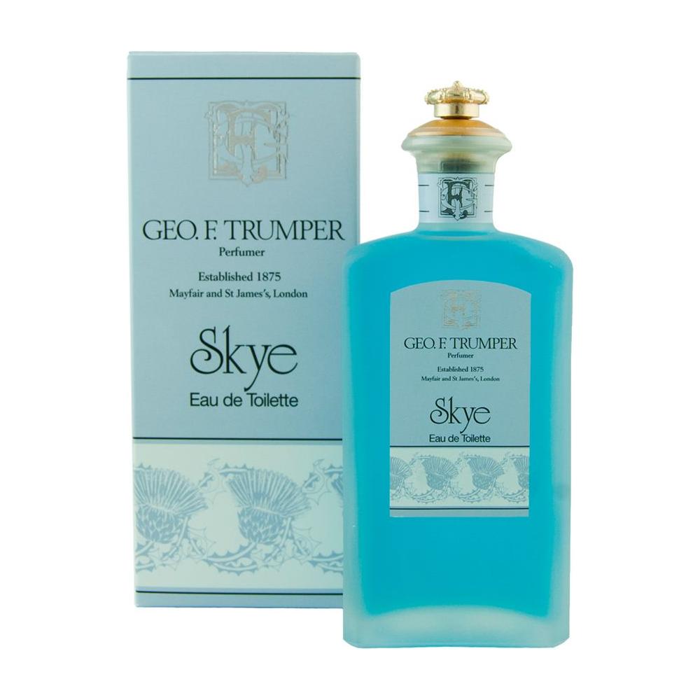 Geo. F. Trumper Skye Cologne top bottle in a 50ml glass container with a black cap, showcasing the elegant fragrance bottle.
