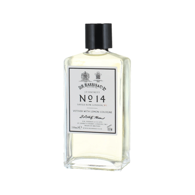 D.R. Harris No. 14 Vetiver with Lemon Cologne bottle with label, 100ml, placed on a neutral background.