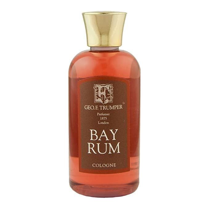 Geo. F. Trumper Bay Rum Cologne refill bottle, 100ml plastic travel container, classic men's fragrance.