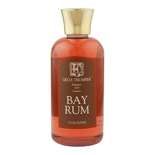Geo. F. Trumper Bay Rum Cologne refill bottle, 100ml plastic travel container, classic men's fragrance.