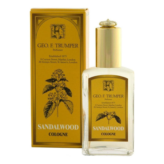 Geo. F. Trumper Sandalwood Cologne in a 50ml bottle, featuring warm sandalwood scent and classic glass packaging.