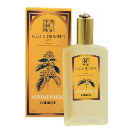 Geo. F. Trumper Sandalwood Cologne in a 100ml atomizer, featuring rich sandalwood scent and classic packaging.
