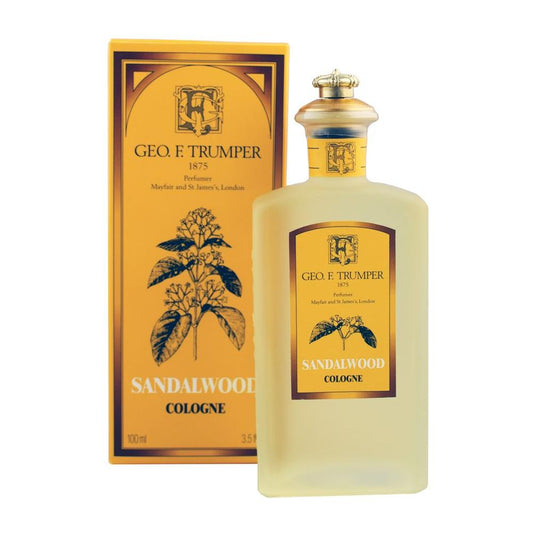 Geo. F. Trumper Sandalwood Cologne in a clear glass bottle, 100ml, with a sophisticated, aromatic scent and elegant packaging.