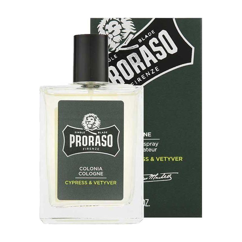 Proraso Cypress & Vetyver natural spray cologne in 3.4 oz bottle, featuring fresh cypress and vetiver scent.