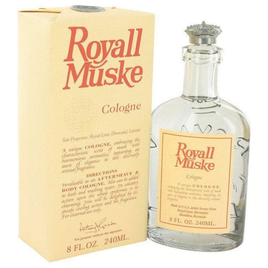 Royall Muske of Bermuda men's cologne in an 8 oz bottle, featuring a sophisticated scent, displayed in a clear glass bottle.