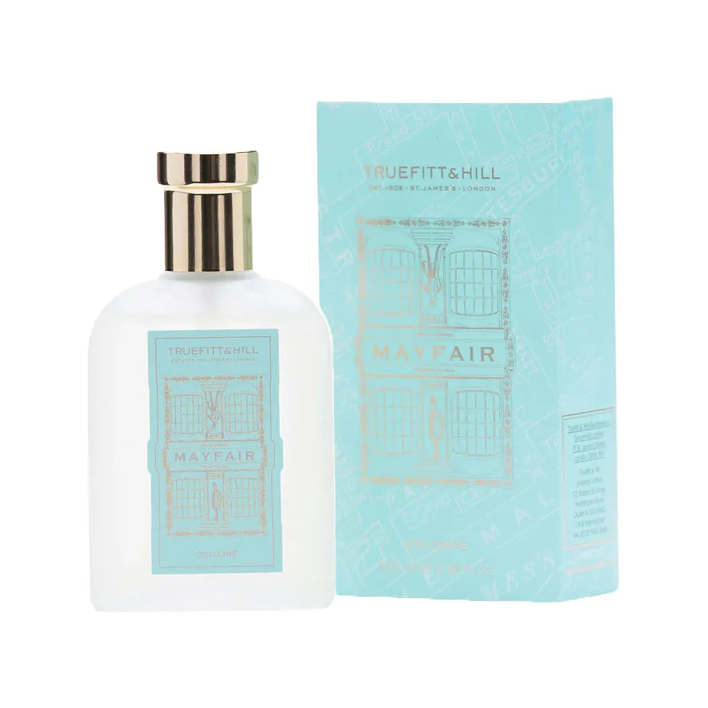 Truefitt & Hill Mayfair Cologne 100ml bottle, elegant glass container with classic branding, displayed on a neutral background.