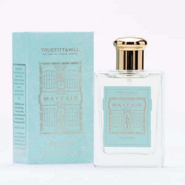 Truefitt & Hill Mayfair Cologne 50ml bottle, elegant fragrance container from Pasteur Pharmacy, showcasing the classic design.