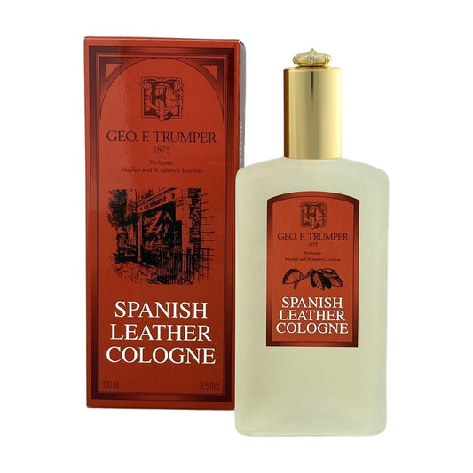 50ml glass atomizer of Geo F. Trumper Spanish Leather Cologne from the collection, featuring a classic transparent bottle and elegant design.