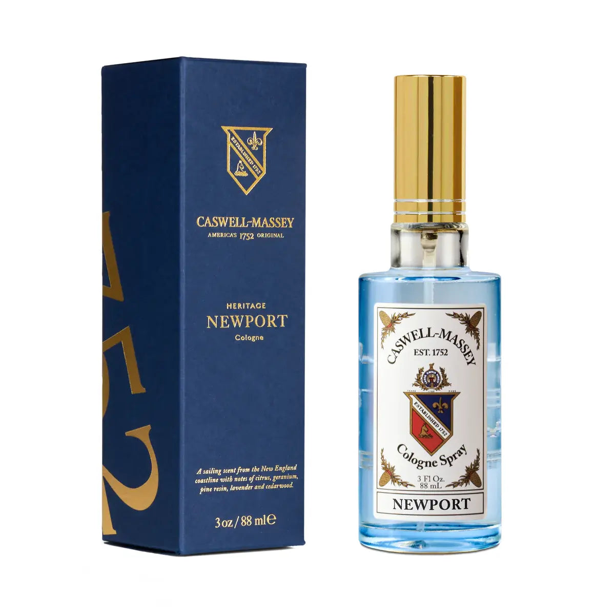 Caswell-Massey Cologne Spray 3 oz from the Jockey Club Collection, displayed in a clear glass bottle with a spray nozzle.