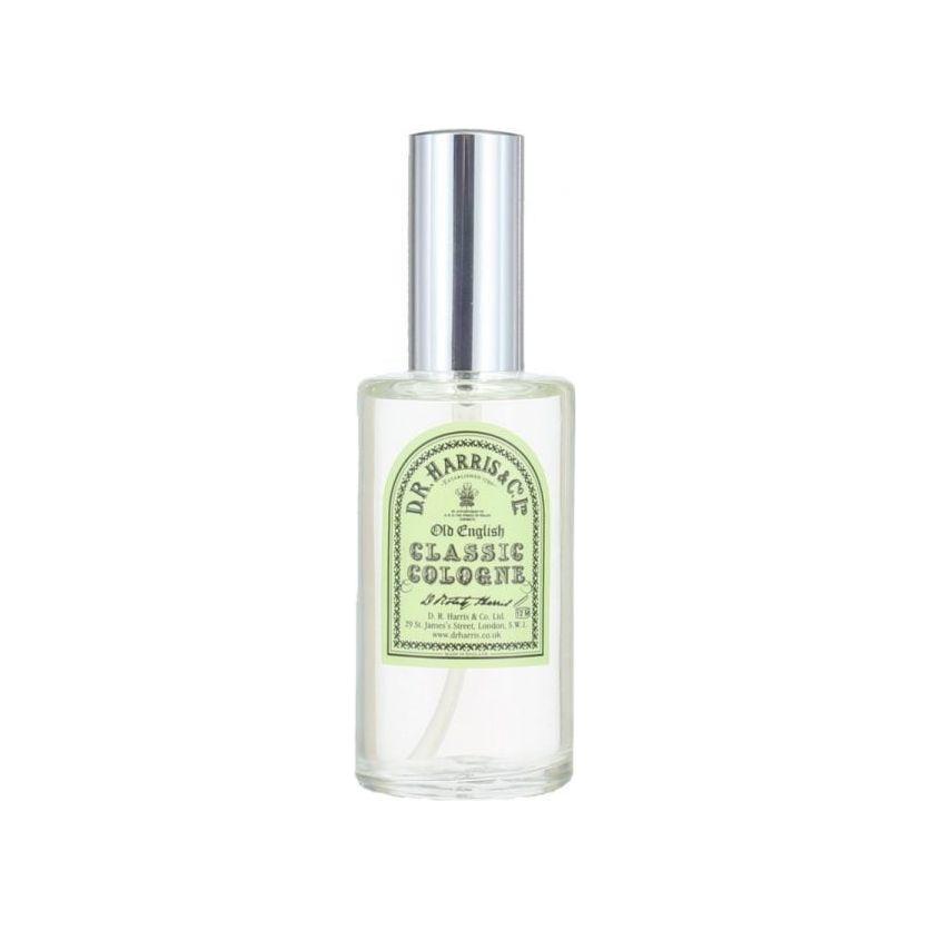 D. R. Harris & Co Classic Cologne Spray 50ml in a glass bottle with a silver cap, showcasing elegant packaging.