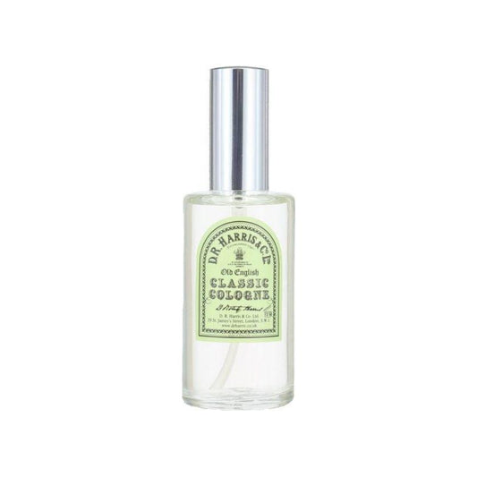 D. R. Harris & Co Classic Cologne Spray 50ml in a glass bottle with a silver cap, showcasing elegant packaging.