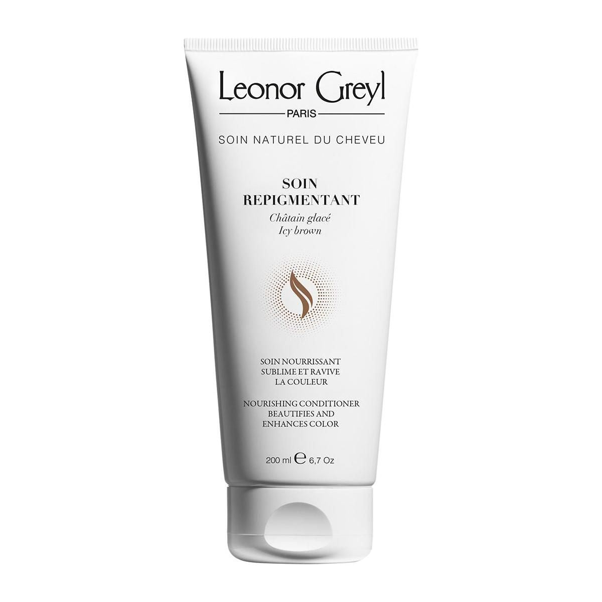 Leonor Greyl Colour-enhancing Conditioner in Icy Brown, 200ml, with creamy texture and packaging showing the product bottle.