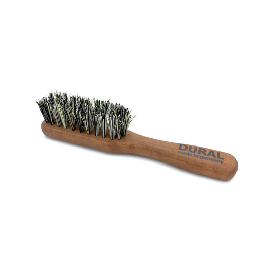 Grey Dural beard brush with Tampico fibers and pear wood handle, designed for grooming beards and facial hair.