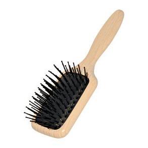 Dural paddle brush with plastic pins and beech wood handle, designed for gentle hair detangling and styling.