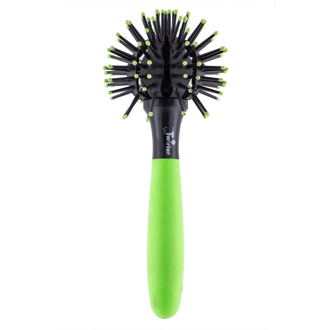 Small neon green Twirler comb by Pasteur Pharmacy, a colorful plastic hairbrush with a twisted handle design.