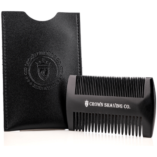 Crown Shaving Co. beard comb by Pasteur Pharmacy, wide-tooth wooden grooming comb for facial hair styling and detangling.
