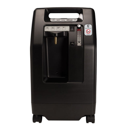Drive Medical DeVilbiss Compact Oxygen Concentrator delivering 5 liters, shown with control panel and air outlet, for respiratory therapy.