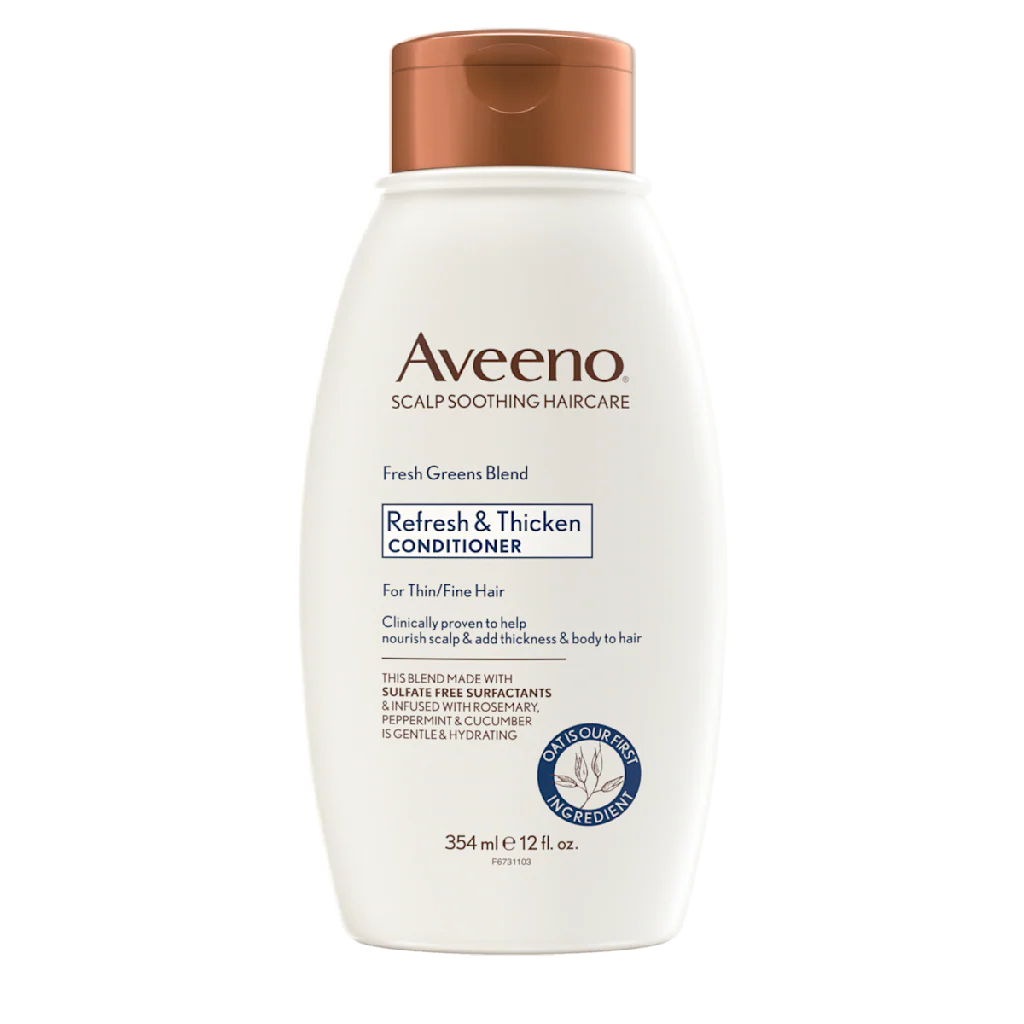 Aveeno Scalp Soothing Fresh Greens Blend Conditioner in a 12 fl oz bottle, designed to nourish and soothe the scalp.