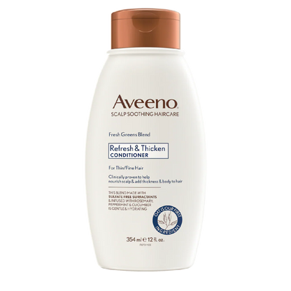Aveeno Scalp Soothing Fresh Greens Blend Conditioner in a 12 fl oz bottle, designed to nourish and soothe the scalp.
