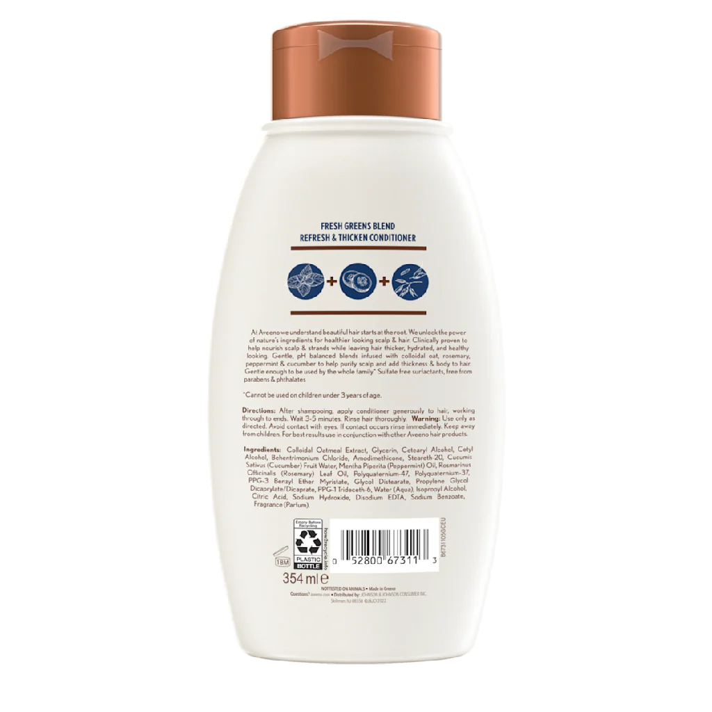 Aveeno Scalp Soothing Fresh Greens Blend Conditioner in 12 fl oz bottle, featuring a green plant-inspired design on the bottle.