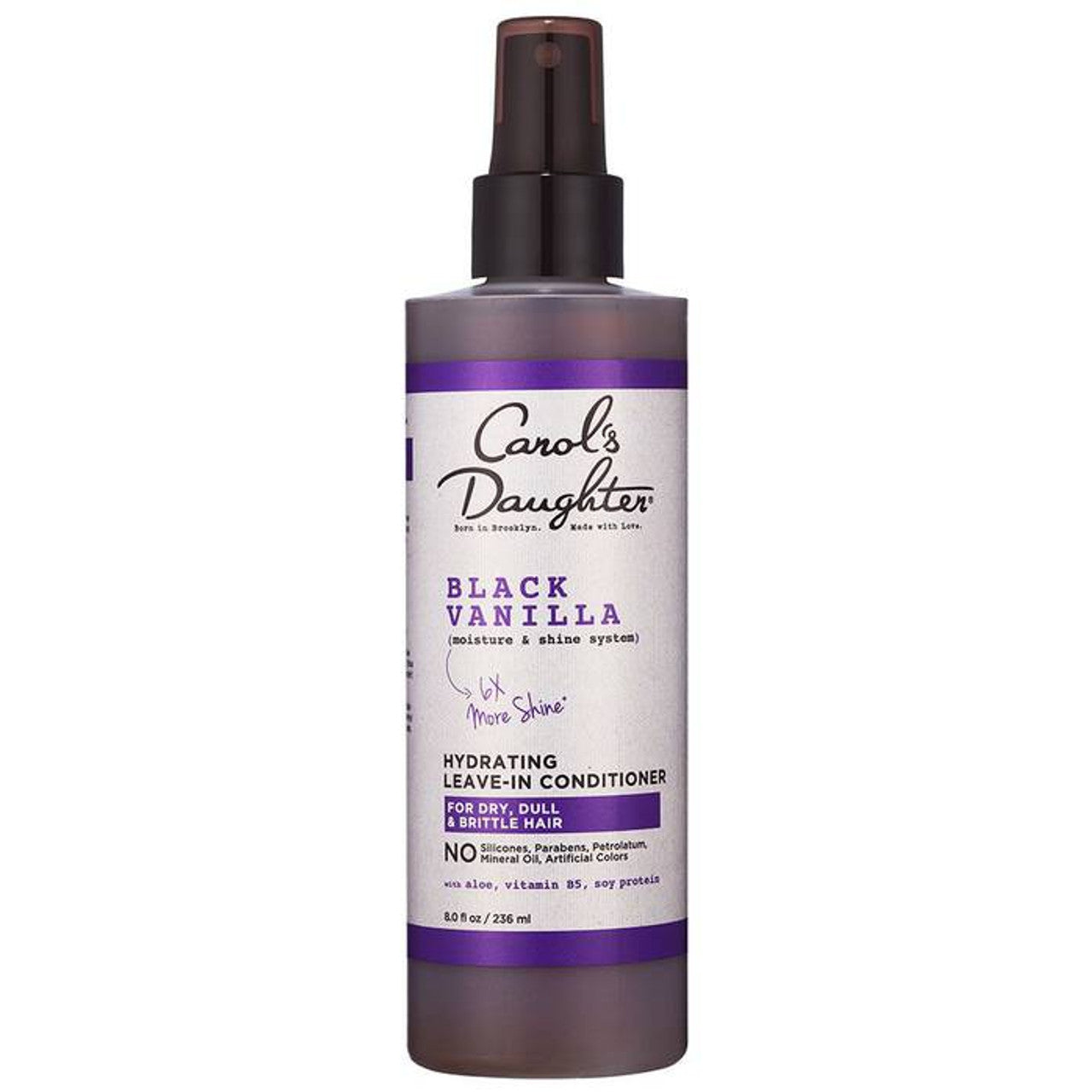 Carol's Daughter Black Vanilla Leave-In Conditioner for dry hair in an 8 oz bottle, with a sleek black and purple packaging design.