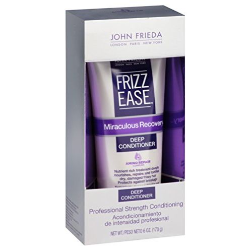 John Frieda Frizz Ease Miraculous Recovery Deep Conditioner in 6 oz bottle, smooths frizz and repairs damaged hair.