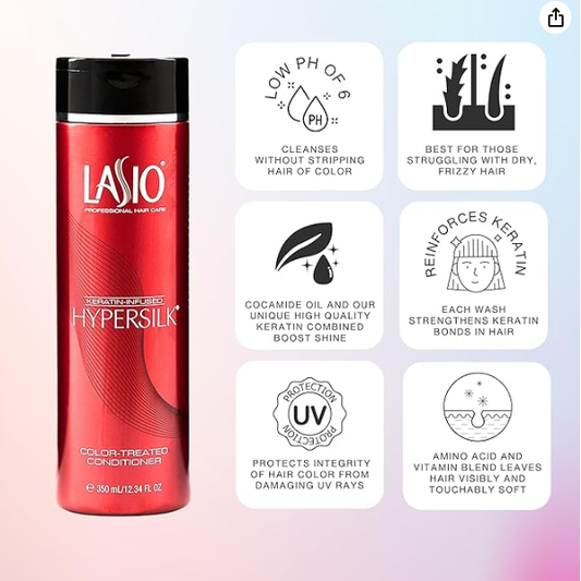 Lasio Keratin-Infused Hypersilk Color Treated Conditioner in 12.34 oz bottle, smooths and nourishes color-treated hair.
