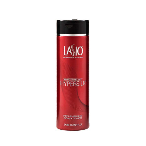 Lasio Keratin-Infused Hypersilk Replenishing Conditioner in 12.34 oz bottle, designed for nourishing and strengthening hair.