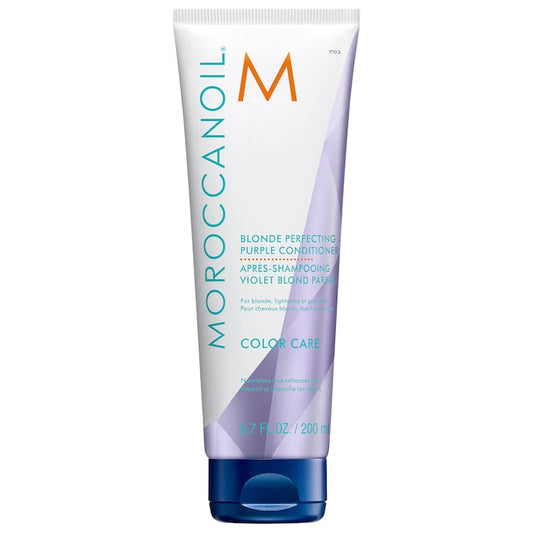 Moroccanoil Blonde Perfecting Purple Conditioner bottle, 200 mL, for blonde hair color correction and shine.