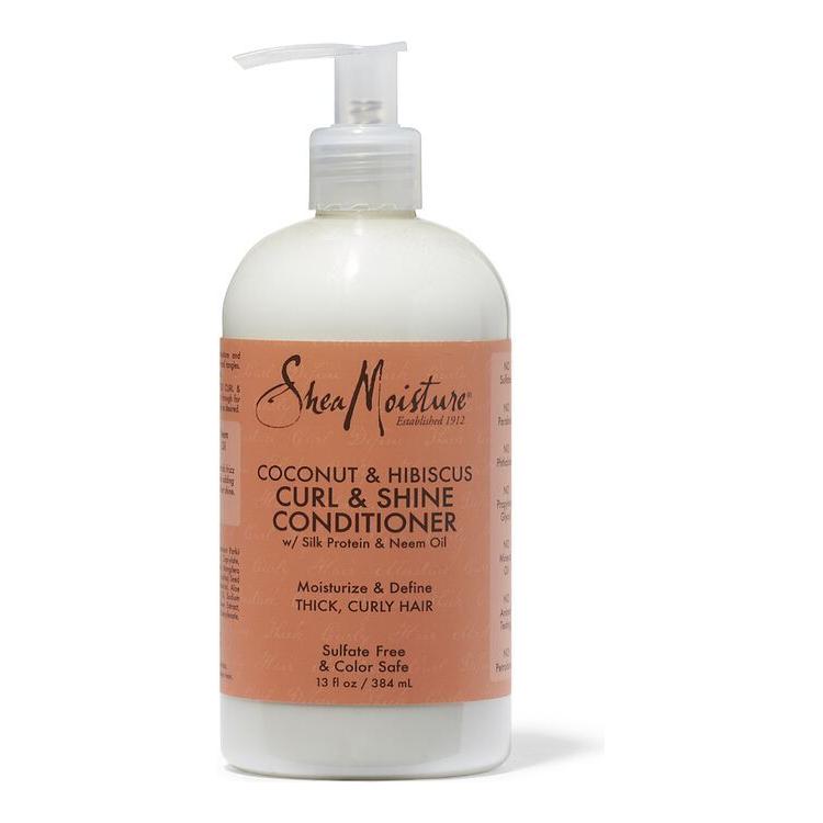 SheaMoisture Coconut & Hibiscus Conditioner for curls and shine in a 384ml bottle, shown in the image.