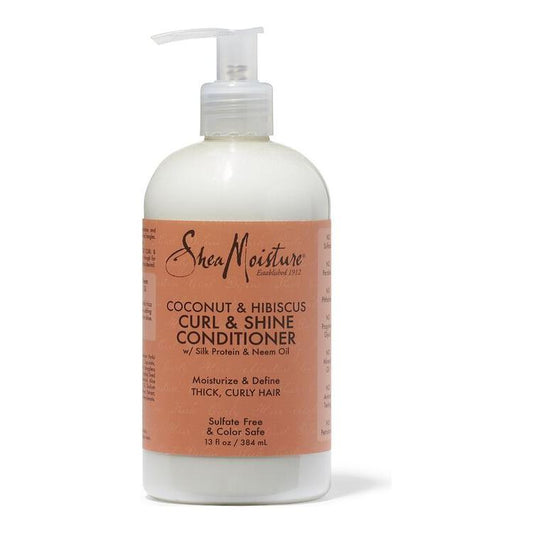 SheaMoisture Coconut & Hibiscus Conditioner for curls and shine in a 384ml bottle, shown in the image.