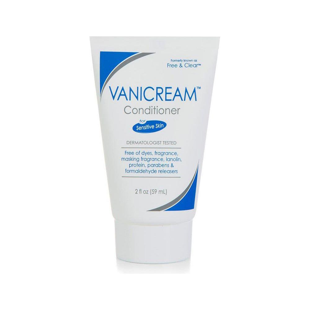 Vanicream Conditioner 2 fl oz bottle, gentle hair conditioner by Pasteur Pharmacy with a white and blue label.
