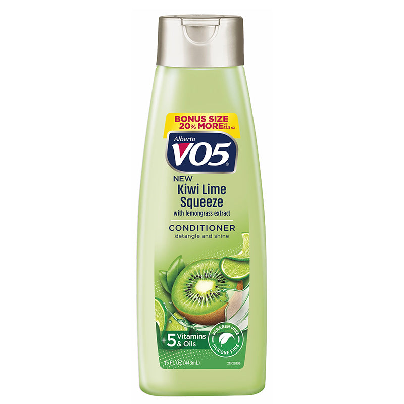 Alberto VO5 Kiwi Lime Squeeze conditioner in a 15 Fl Oz bottle, moisturizing hair conditioner with fresh fruit scent.