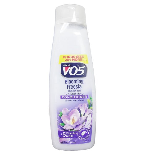Alberto VO5 Moisturizing Conditioner in Blooming Freesia scent, bonus 15 fl oz bottle, with a sleek bottle design.